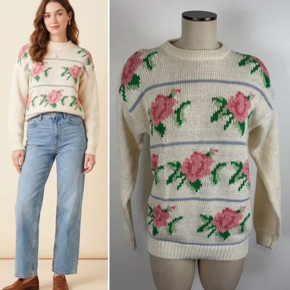 VTG Licorice Womens M Sweater Floral Rose Cottagecore Grandmacore Ramie Cotton